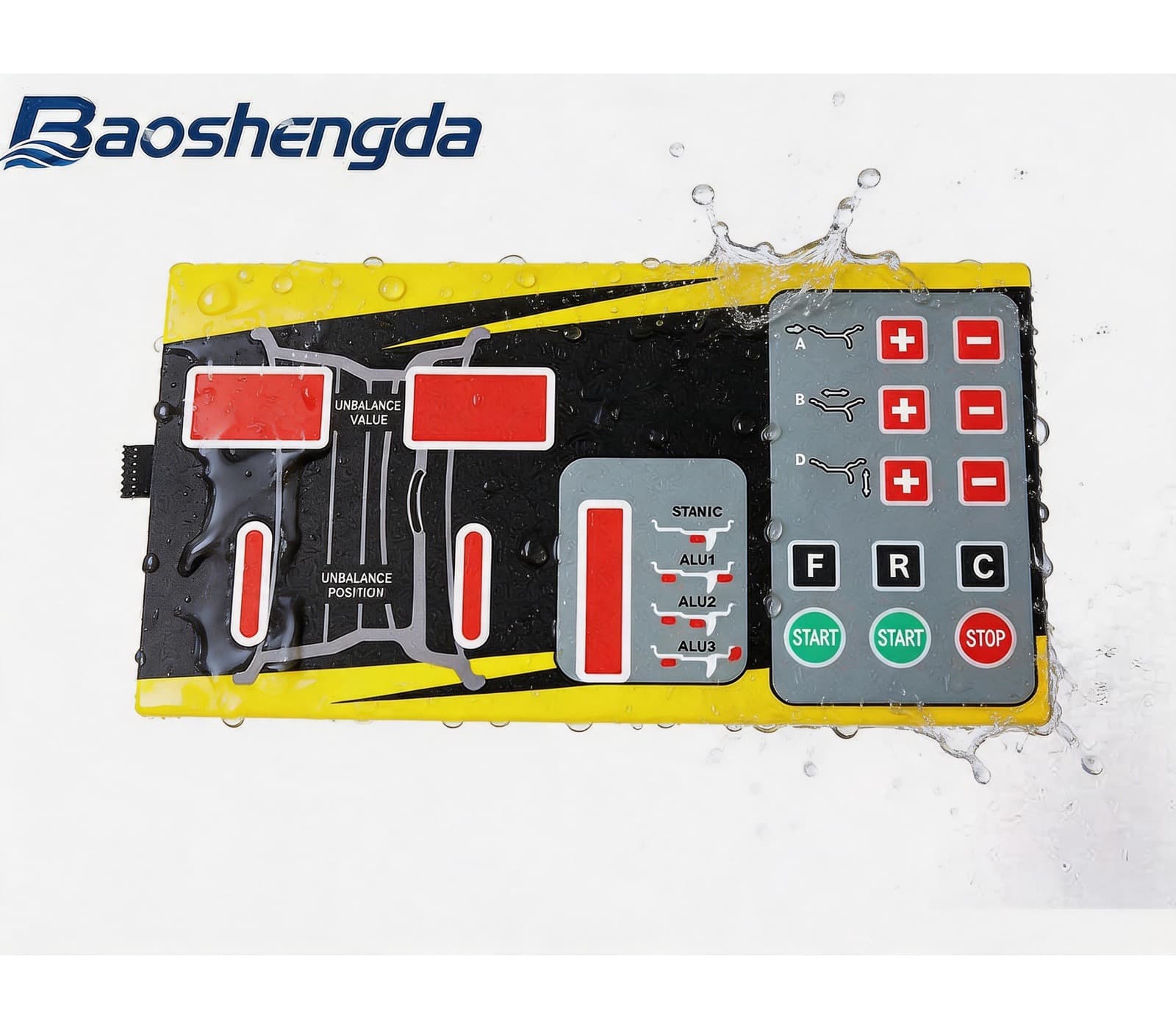 Yellow and black membrane switch control panel with printed keys, display window and flexible circuit tail shown with illustrative water styling